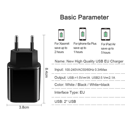 2A Dual USB Charger With USB Cable EU Quick Charge Wall Travel Mobile Phone Charger For Samsung Huawei Xiaomi LG iphone